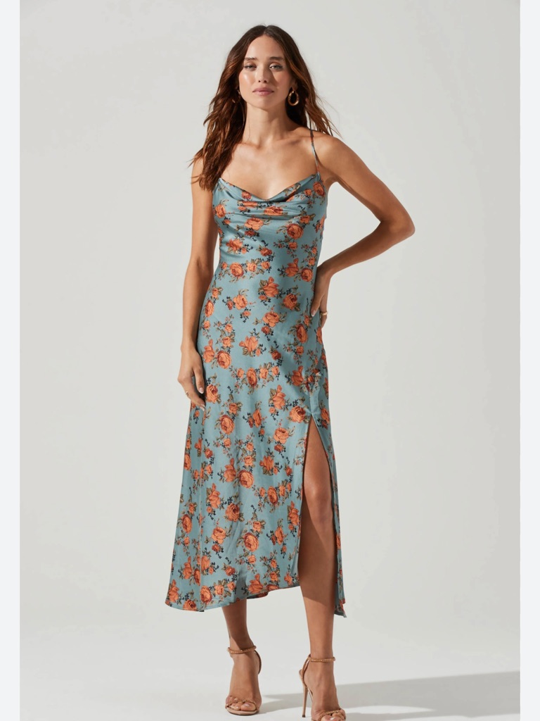 Astr The Label Dusty Blue Midi Slip Dress With Orange Floral Print